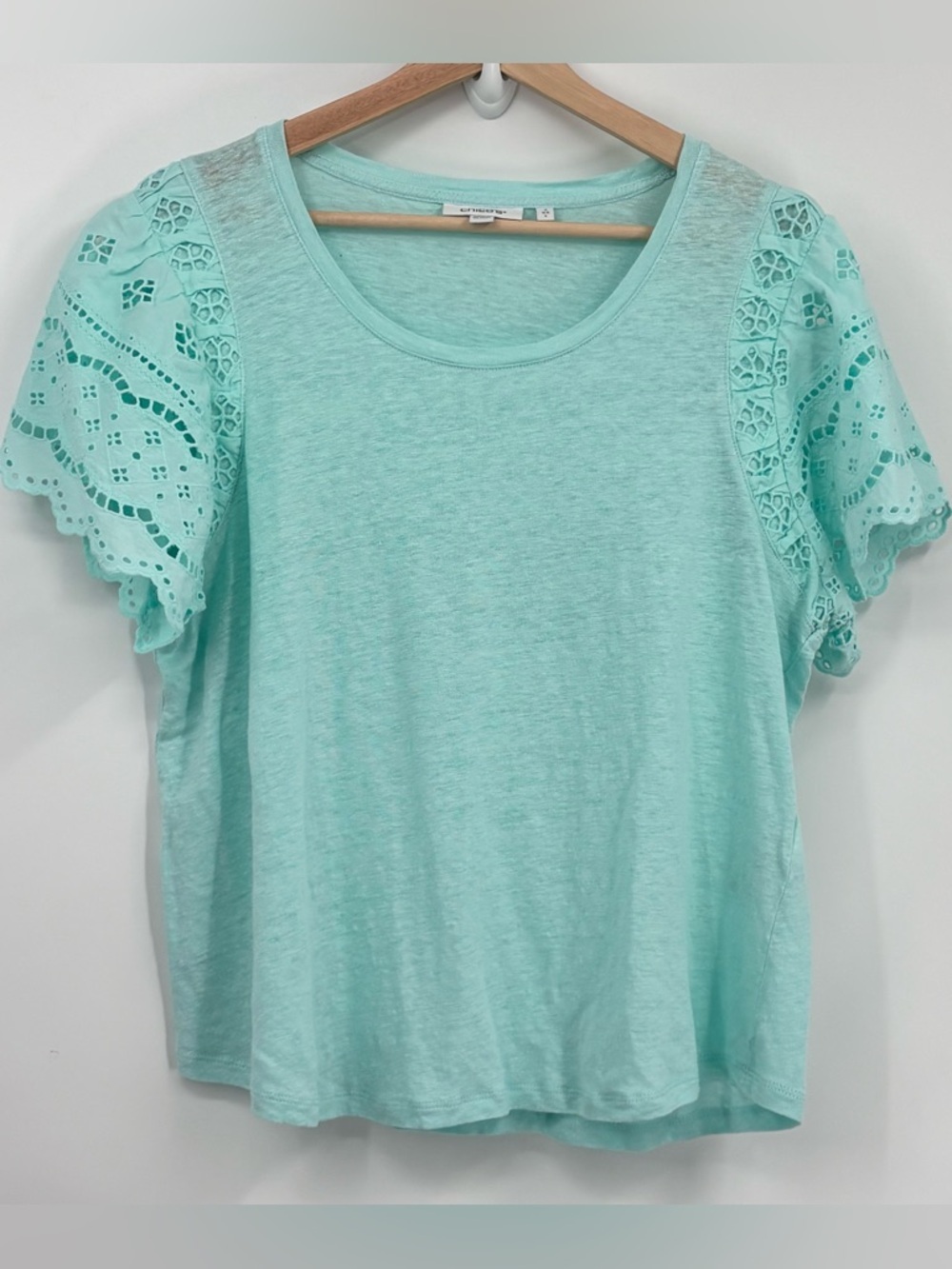 CHICOS SZ 2 100% Linen lace sleeve aqua blue top blouse Large women crewneck L